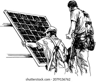 Hand sketch of workers assembling solar panel. Vector illustration.