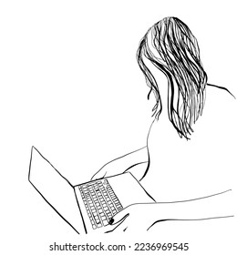 Hand Sketch of Working Woman. Vector illustration. Freelancer. Girl work of computer