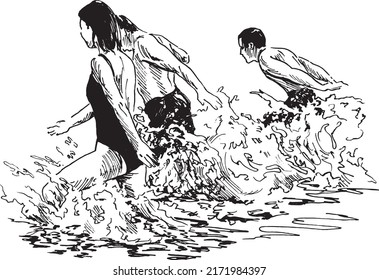 Hand sketch of young people in the water. Vector illustration.