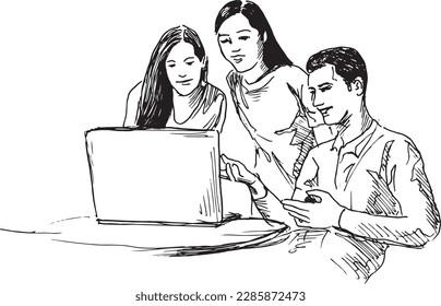 Hand sketch of young people at work. Vector illustration.