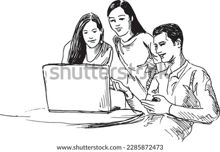 Hand sketch of young people at work. Vector illustration.