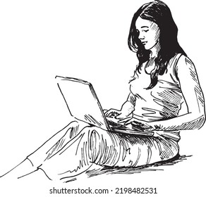 Hand sketch of a young woman with a laptop. Vector illustration.