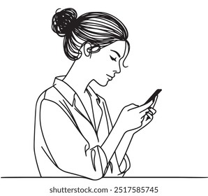 Hand sketch of young woman with smart phone. Vector illustration
