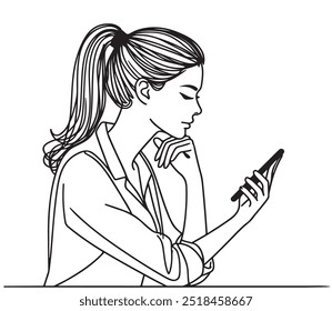 Hand sketch of young woman with smart phone. Vector illustration