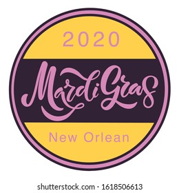 Hand sketched "2020 Mardi Gras New Orlean" lettering in colorful frame as traditional symbols of Louisiana carnival. Vector illustration as invitation banner, promotional materials, greeting card.