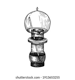 Hand sketched Alchemy laboratory equipment. Glass bottle with liquid sketch in vintage style. Glassware drawing for alchemy, medicine, cosmetics, or perfume. Magic lab tools isolated on white