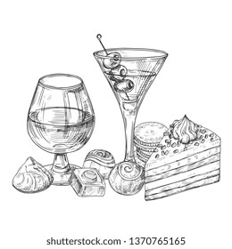 Hand sketched alcohol drinks, chocolate and cakes vector illustration. Alcohol drink and cake, sketch glass with cognac