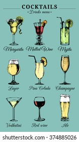 Hand sketched alcoholic beverages and cocktails glasses. Vector drinks color illustrations set: pina colada, margarita, red wine, mojito, vodkatini, champagne, beer, mulled wine isolated.