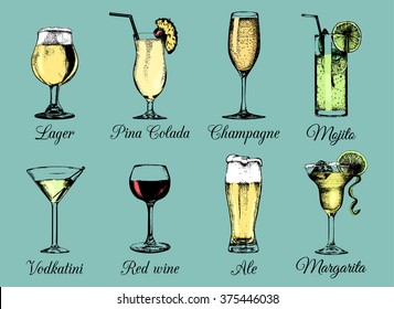 Hand sketched alcoholic beverages and cocktails glasses. Vector drinks color illustrations set: pina colada, margarita, red wine, mojito, vodkatini, champagne, beer, mulled wine isolated.