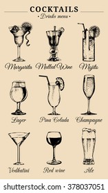 Hand sketched alcoholic beverages and cocktails glasses. Vector drinks illustrations set: pina colada, margarita, red wine, mojito, vodkatini, champagne, beer, mulled wine isolated.