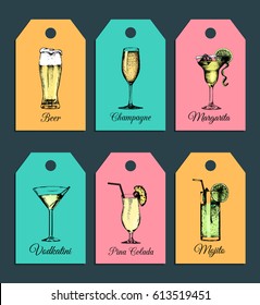 Hand sketched alcoholic beverages and cocktails glasses tags or labels. Vector drinks illustrations set: pina colada, margarita, mojito, vodkatini, champagne, beer isolated.