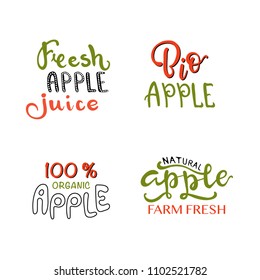 Hand sketched apple lettering typography. Farmers market, organic food, natural product design, juice, pie, jam concept. Fruit design style. Calligraphy badge, icon set. Logo, banner, tag, template.