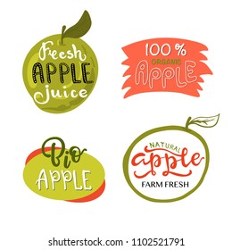 Hand sketched apple lettering typography. Farmers market, organic food, natural product design, juice, pie, jam concept. Fruit design style. Calligraphy badge, icon set. Logo, banner, tag, template