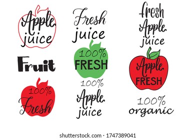 Hand sketched apple lettering typography. Farmers market, organic food, natural product design, juice, pie, jam concept. Fruit design style. Calligraphy badge, icon set. Logo, banner, tag, template.