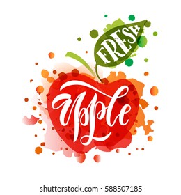 Hand sketched apple lettering typography. Farmers market, organic food, natural product design, juice, pie, jam concept. Fruit design style. Calligraphy badge, icon set. Logo, banner, tag, template.