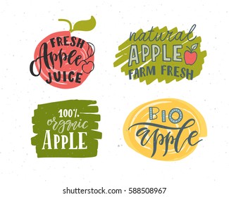 Hand sketched apple lettering typography. Farmers market, organic food, natural product design, juice, pie, jam concept. Fruit design style. Calligraphy badge, icon set. Logo, banner, tag, template.