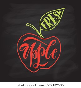 Hand sketched apple lettering typography. Farmers market, organic food, natural product design, juice, pie, jam concept. Fruit design style. Calligraphy badge, icon set. Logo, banner, tag, template.