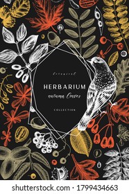 Hand sketched autumn leaves design in color. Elegant botanical template with autumn leaves, berries, seeds and bird sketches. Perfect for invitation, cards, flyers, label, packaging. On chalkboard