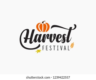 Hand sketched autumn lettering Harvest Festival with pumpkin drawing. Modern calligraphy. Handwritten vector illustration on white background