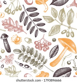 Hand sketched autumn plants seamless pattern. Vector leaves, berries, nuts, seeds, and mushrooms botanical background. Hand drawn autumn garden backdrop for textile, wrapping paper, banner, label.