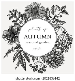 Hand sketched autumn retro wreath design. Elegant botanical template with autumn leaves, berries, flowers, and branches sketches. Perfect for invitations, cards, flyers, labels, weddings, packaging. 