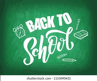 Hand sketched Back to school lettering on green blackboard with picture of apple, flask, book. Perfect design for banner, flyer, greeting cards, posters, T-shirts. Flat scratched Vector illustration