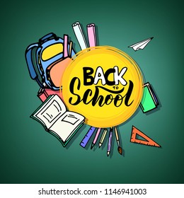 
Hand sketched Back to school text with books, pens, pencils and other educational elements. Concept design, banner, card, greeting. Vector illustration. Lettering typography.