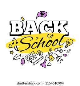 Hand sketched Back to school text with decorative elements. Concept design, banner, card, greeting. Vector illustration. 