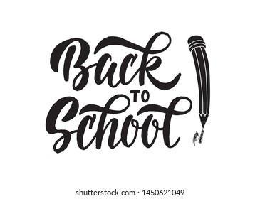 Hand sketched Back to school typography lettering poster with pencil. Modern calligraphy. Black sign isolated on white background. Vector illustration.