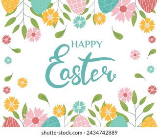 Hand sketched background with lettering Happy Easter, vector illustration for Easter. Borders with leaves, eggs and flowers for greeting card, invitation template, vintage lettering banner, sstkEaster