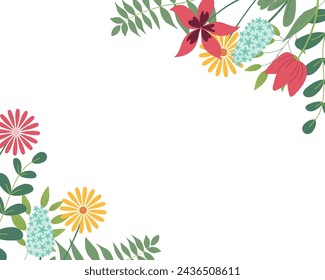 Hand sketched background, vector illustration. Borders with leaves and flowers on corners for greeting card, invitation template. Retro, vintage lettering banner, poster, background.