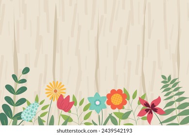 Hand skizziert Hintergrund, Vektor-Illustration. Rand mit Blättern und Blumen für Grußkarte, Einladungsvorlage in Pastellfarben auf hölzernem Texturhintergrund. Retro, Poster, Hintergrund