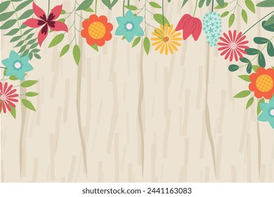 Hand sketched background, vector illustration. Border with leaves and flowers for greeting card, invitation template in pastel colors on wooden texture background. Retro, poster, background