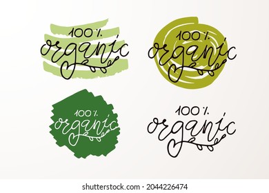 Hand sketched badges and labels with vegetarian, vegan, raw, eco, bio, natural, fresh, gluten and GMO free food diet design. Organic food elements set for product, cafe, restaurant and organic product