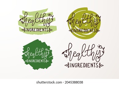 Hand sketched badges and labels with vegetarian, vegan, raw, eco, bio, natural, fresh, gluten and GMO free food diet design. Organic food elements set for product, cafe, restaurant and organic product