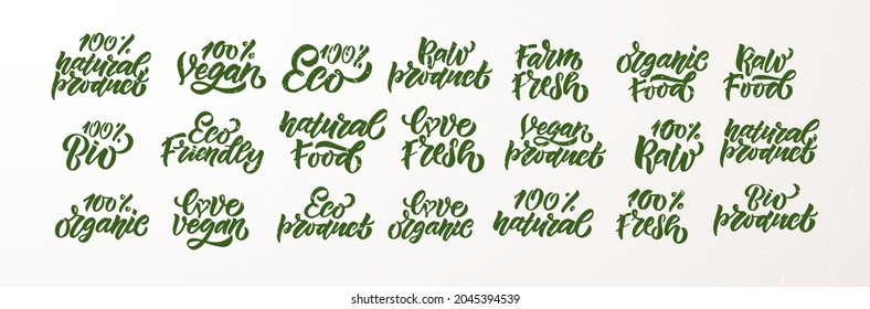 Hand sketched badges and labels with vegetarian, vegan, raw, eco, bio, natural, fresh, gluten and GMO free food diet design. Organic food elements set for product, cafe, restaurant and organic product