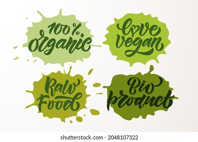 Hand sketched badges and labels with vegetarian, vegan, raw, eco, bio, natural, fresh, gluten and GMO free food diet design. Organic food elements set for product, cafe, restaurant and organic product