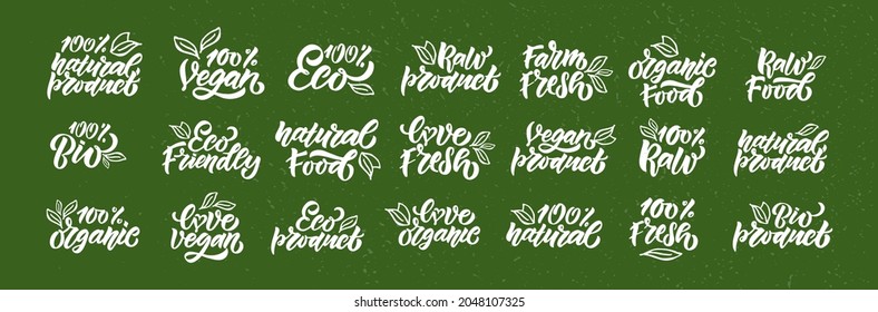 Hand sketched badges and labels with vegetarian, vegan, raw, eco, bio, natural, fresh, gluten and GMO free food diet design. Organic food elements set for product, cafe, restaurant and organic product