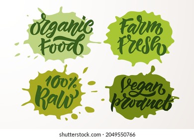 Hand sketched badges and labels with vegetarian, vegan, raw, eco, bio, natural, fresh, gluten and GMO free food diet design. Organic food elements set for product, cafe, restaurant and organic product