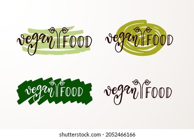 Hand sketched badges and labels with vegetarian, vegan, raw, eco, bio, natural, fresh, gluten and GMO free food diet design. Organic food elements set for product, cafe, restaurant and organic product