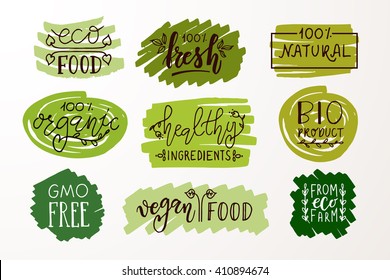 Hand sketched badges and labels with vegetarian, vegan, raw, eco, bio, natural, fresh, gluten and GMO free food design. Organic food elements set for cafe, restaurant and organic product packaging