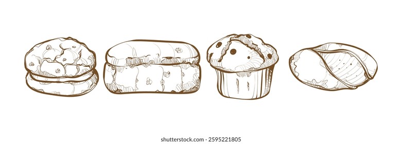 Hand sketched Bakery item food Illustration. Hand-Sketched Bakery Food Illustration – Bread, Pastries, Desserts, and Sweets Drawing