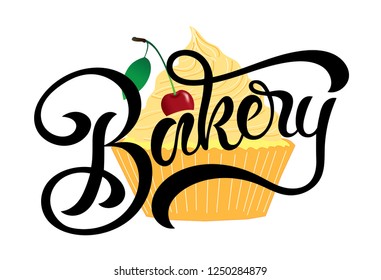 Hand sketched Bakery lettering typography with cupcake isolated on white background. Concept for bakery, market, bakehouse, bakery production. Calligraphy badge, icon, logo, banner, tag.