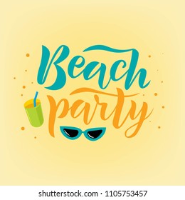Hand sketched Beach party text. Lettering typography for logo, badge, icon, card, invitation and banner template. Vector illustration.
