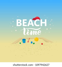 Hand sketched Beach time text for clothes. Handwritten fashion quote. Good for icon, logo, badge, card, poster, tag, banner. Vector illustration. Lettering typography.