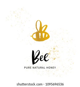 Hand sketched bee honey logo. Gold and Black cut silhouette on a white background. Hand drawn design elements. Vector illustration.