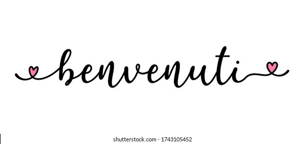 Hand sketched Benvenuti quote in Italian as banner. Translated Welcome.  Lettering for poster, flyer, header, card, advertisement, announcement.	