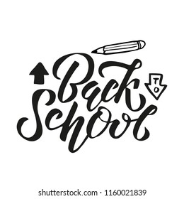 Hand sketched black color Back to school text letering on white background with drawn pencil. for logo, banner, flyer, template, greeting cards, posters, T-shirts,. Flat Vector illustration.