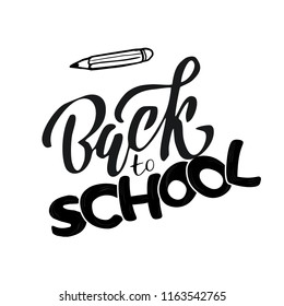Hand sketched black color Back to school text letering on white background with drawn pencil. for logo, banner, flyer, template, greeting cards, posters, T-shirts,. Flat Vector illustration.