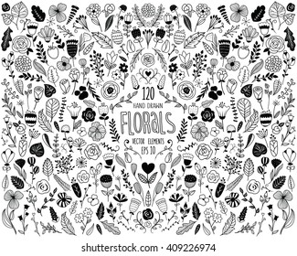 Hand Sketched Black Florals Vector Collection